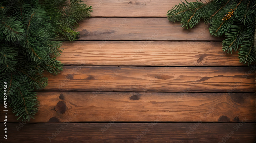wooden table surface with fir leaves wooden table surface with fir leaves