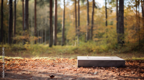 wooden podium for cosmetics or beauty product promotion mockup on forest background. Natural wood step pedestal. Copy space nature background. generative ai