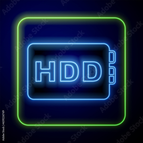 Glowing neon Hard disk drive HDD icon isolated on blue background. Vector photo