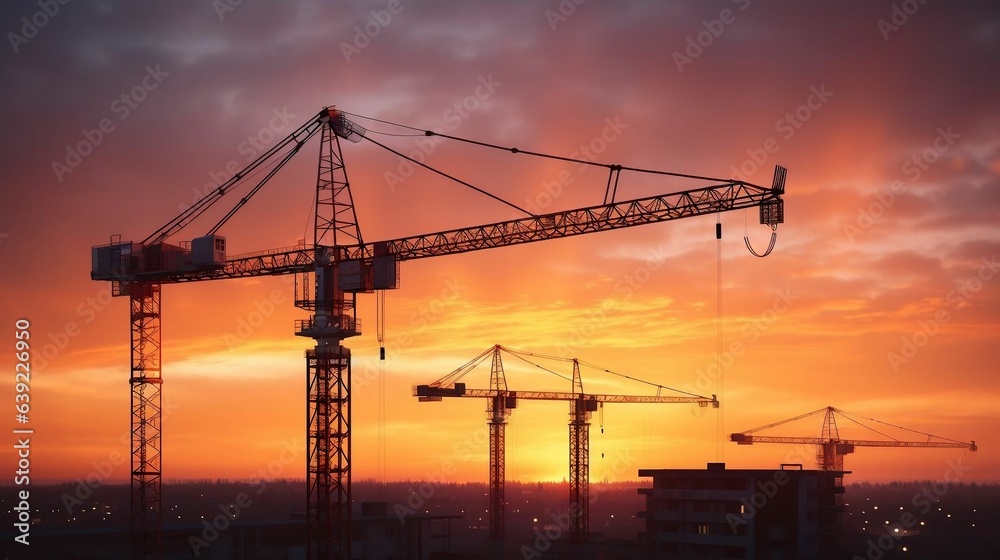 Silhouettes of towering cranes against a fiery sunset
