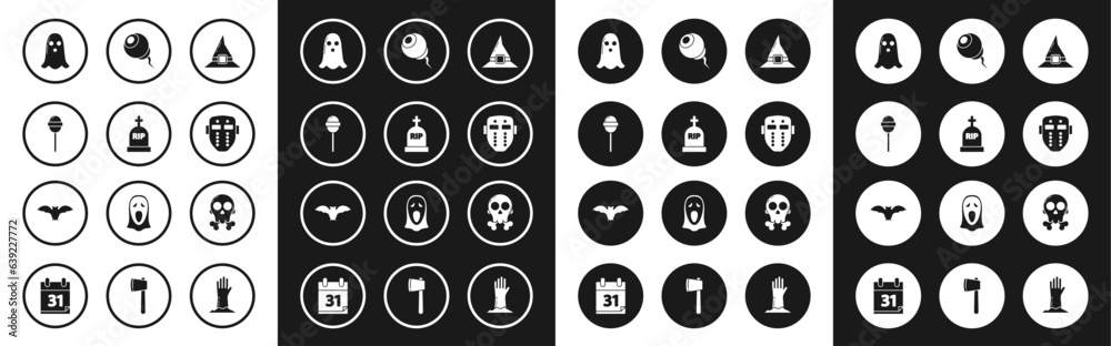 Set Witch hat, Tombstone with RIP, Lollipop, Ghost, Hockey mask, Eye, Skull crossbones and Flying bat icon. Vector Set Witch hat, Tombstone with RIP, Lollipop, Ghost, Hockey mask, Eye, Skull crossbones and Flying bat icon. Vector