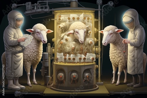 Illustration showing the process of cloning Dolly the sheep. Generative AI