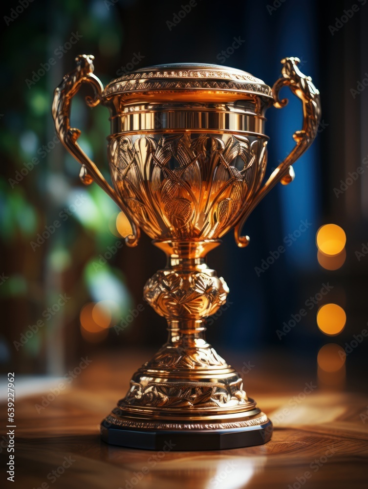 Crée un magnifique trophée ultra réaliste en or avec un fond noir, étincelant, Crée un magnifique trophée ultra réaliste en or avec un fond noir, étincelant,