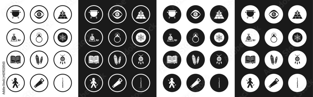Set Masons, Magic stone ring with gem, Witch cauldron and magic, Spider web, Hypnosis, Dream catcher feathers and Ancient book icon. Vector Set Masons, Magic stone ring with gem, Witch cauldron and magic, Spider web, Hypnosis, Dream catcher feathers and Ancient book icon. Vector