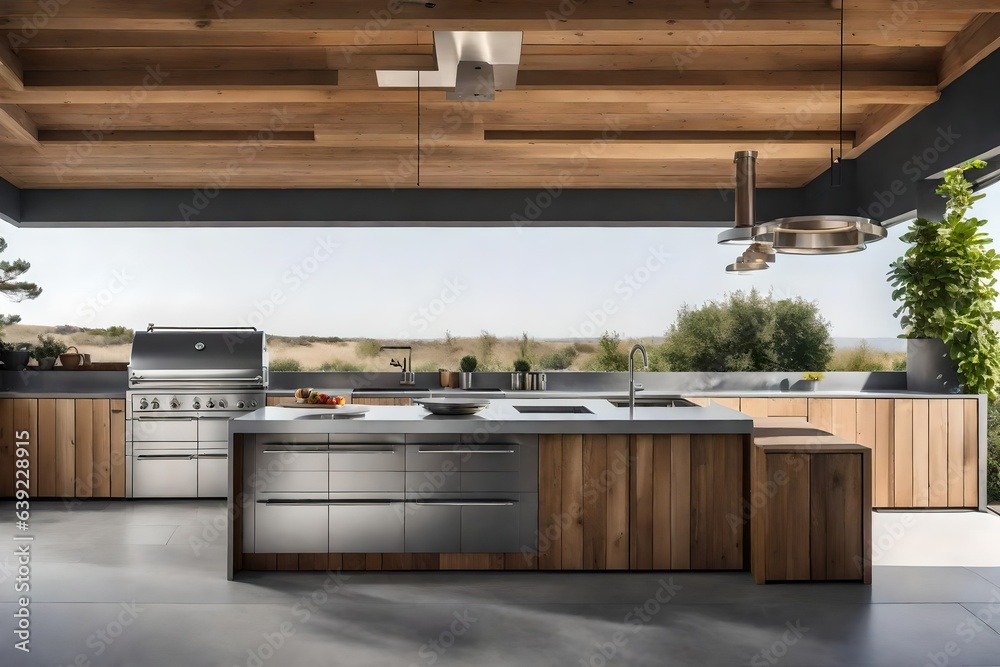 a minimalist outdoor kitchen with stainless steel appliances and a concrete countertop