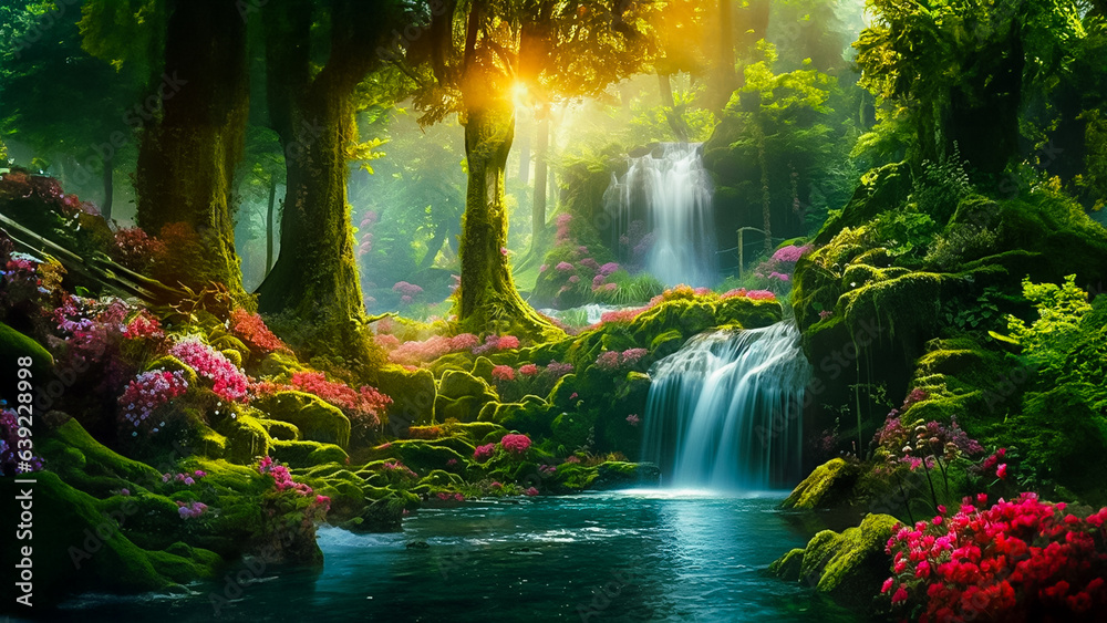 a waterfall shining in the forest with lots of flowers