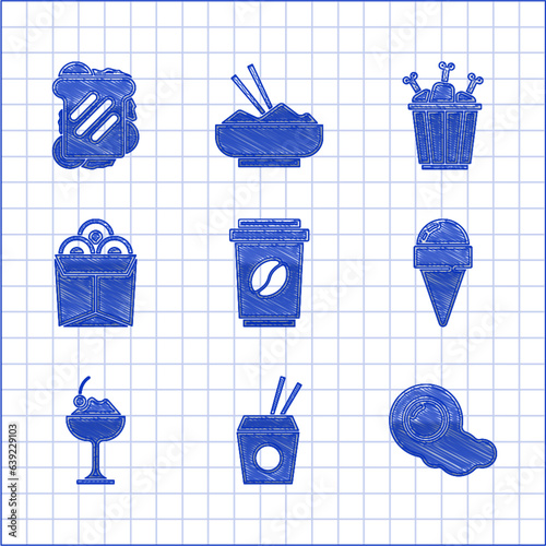 Set Coffee cup to go, Asian noodles and chopsticks, Scrambled eggs, Ice cream in waffle cone, bowl, Noodles box, Chicken leg package and Sandwich icon. Vector