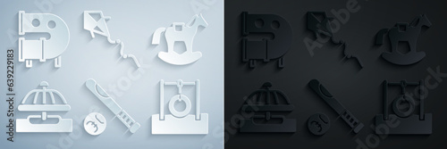 Set Baseball bat with ball, Horse in saddle swing, Attraction carousel, Car tire hanging rope, Kite and Kid playground slide pipe icon. Vector
