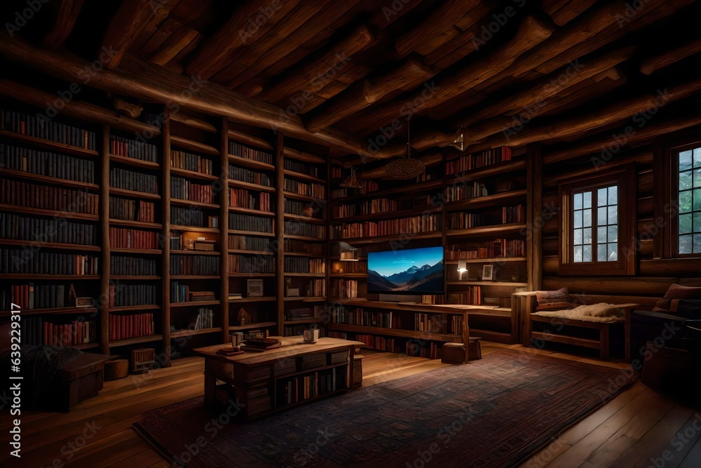 cabin-inspired reading room with a log cabin bookshelf and cozy blankets