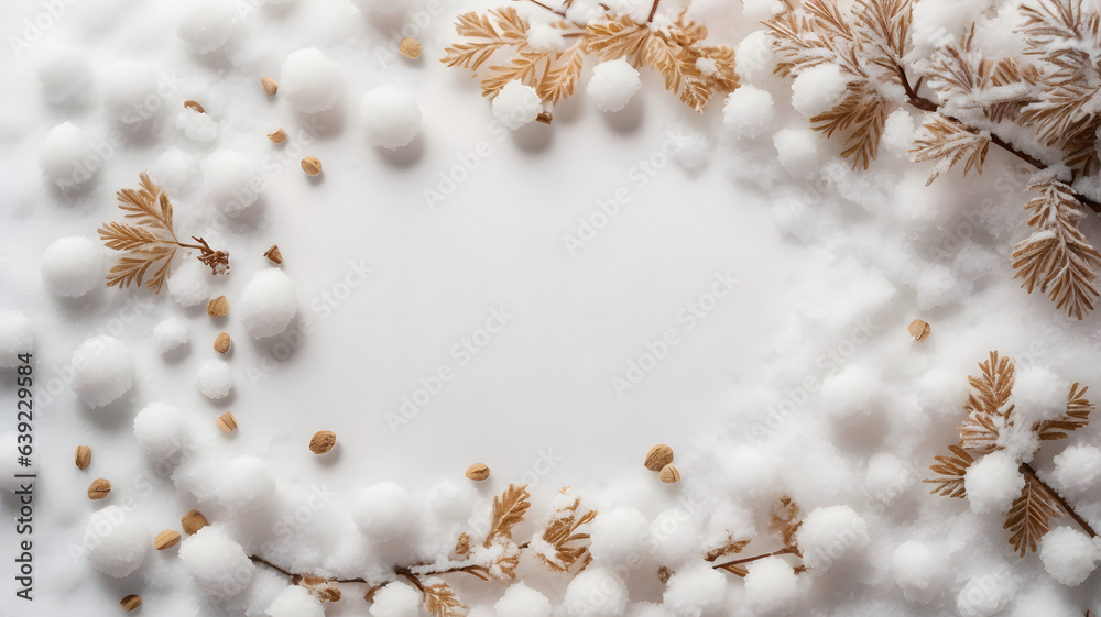 winter sale banner with snowball and dried pine nut decoration