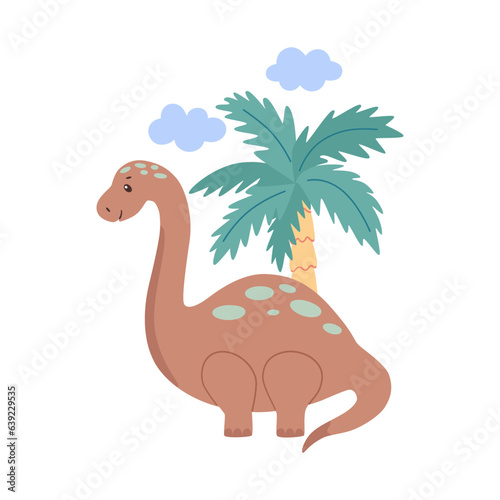 Dinosaur and palm tree. Funny cute childish vector illustration for design and print.