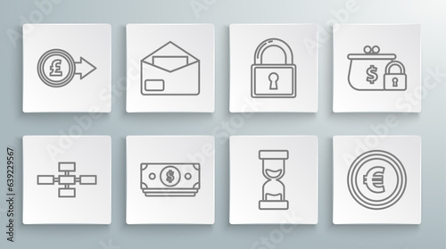 Set line Business hierarchy organogram chart infographics, Stacks paper money cash, Old hourglass with flowing sand, Coin euro symbol, Lock, Closed wallet lock and pound sterling icon. Vector