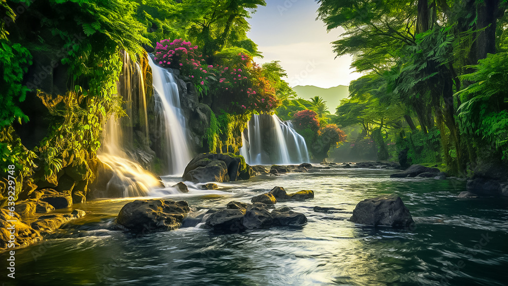  waterfalls are surrounded by flowers and green vegetation
