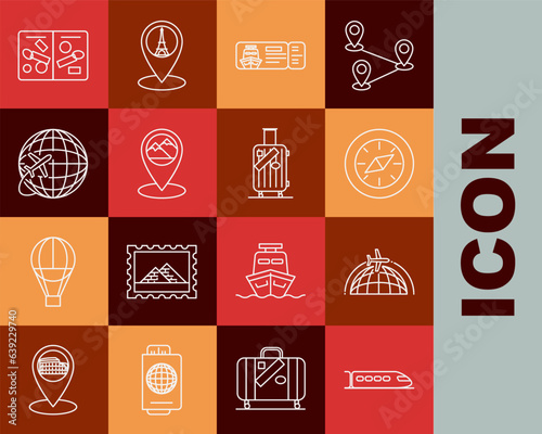 Set line Train, Globe with flying plane, Compass, Cruise ticket for traveling by ship, Map pointer mountain, Passport pages visa stamps and Suitcase and stickers icon. Vector