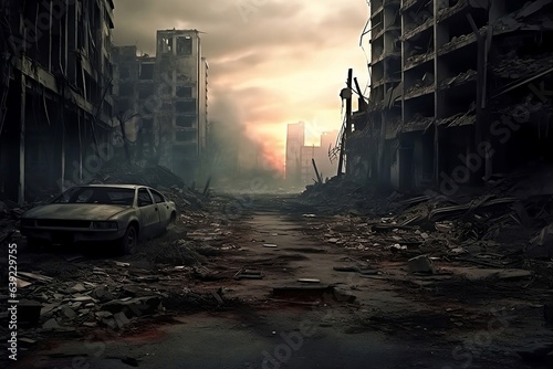 A post-apocalyptic ruined city. Destroyed buildings, burnt-out vehicles and ruined roads. 3D rendering. Generative AI.