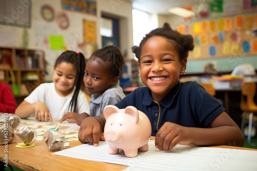 Portrait of smiling african american girl with piggy bank in classroom
