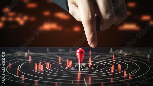 Businessman hand touching red arrow on target with world map and bokeh background
