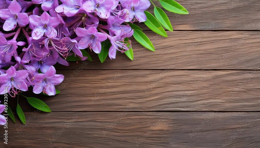 Purple flowers on wooden background. Top view with copy space.