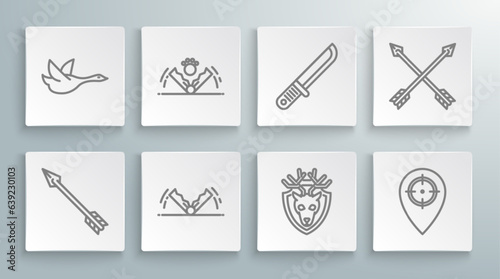 Set line Hipster arrow, Trap hunting, Deer head with antlers on shield, Hunt place, Hunter knife, Crossed arrows and Flying duck icon. Vector