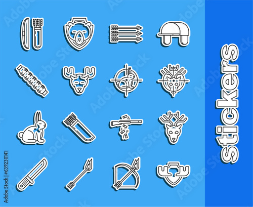 Set line Moose horns on shield, Deer head with antlers, Hunt deer crosshairs, Hipster arrows, Hunting cartridge belt cartridges, Bow and quiver and rabbit icon. Vector