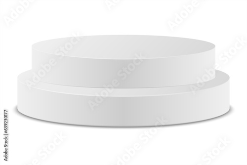 Empty white round podium or modern platform. Abstract 3d cylinder pedestal, product display stand. Light scene for cosmetic product display advertising, showcase. Mockup or showroom arena. 2 cylinders