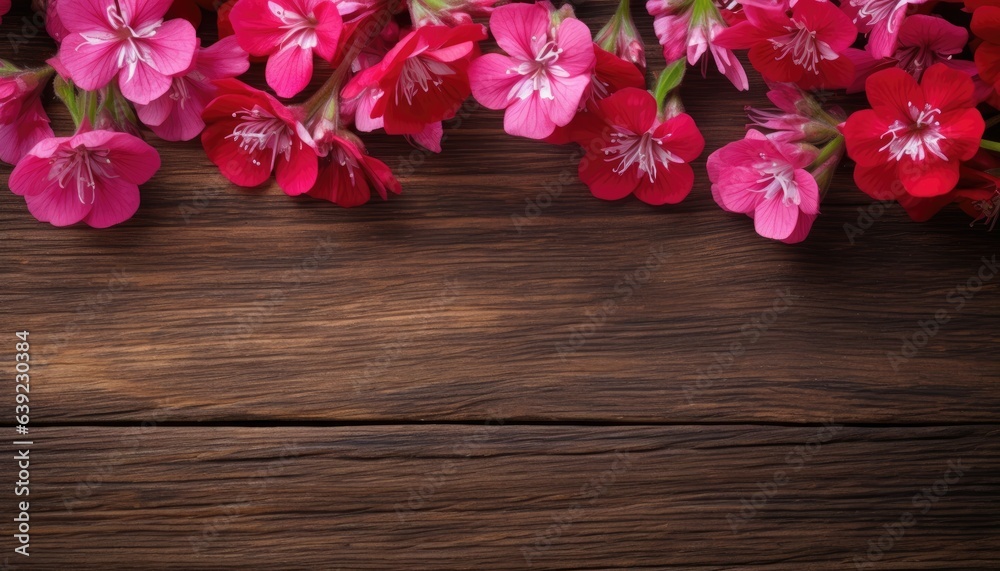 Geranium flowers on wooden background with copy space for your text.