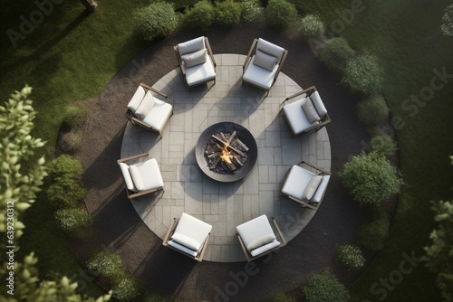 Aerial view of outdoor furniture arranged in a circle around a fire pit. Generative AI