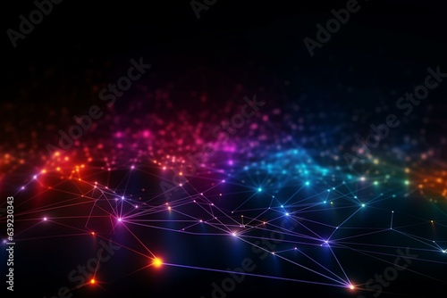 Colorful abstract wireframe with blurred lines and dots on dark background. Represents technology and data in virtual space. Generative AI