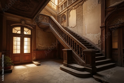 The image depicts a staircase inside an ancient apartment building. Generative AI