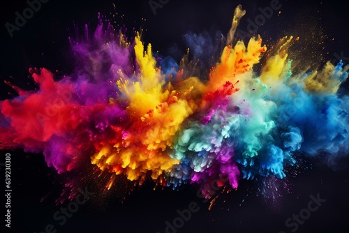 Colorful powder paint explosion on black background celebrating the traditional Indian festival Holi. Horizontal banner template with copy space in the middle. Generative AI