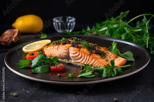 Tasty grilled salmon with veggies and parsley on a plate. Generative AI