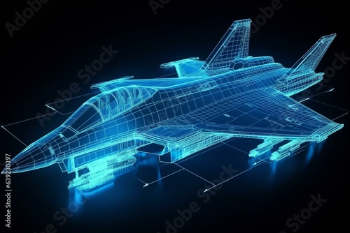 Futuristic holographic blueprint of a fighter plane showcasing advanced technology for premium business finance transportation. Generative AI