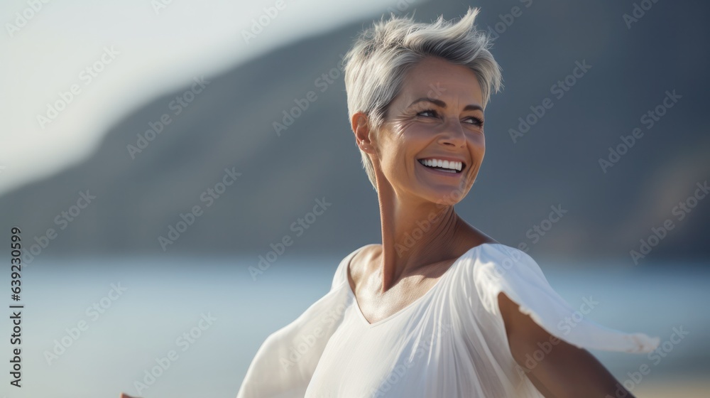 happy mature woman with short grey hair in white long dress is dancing on the beach