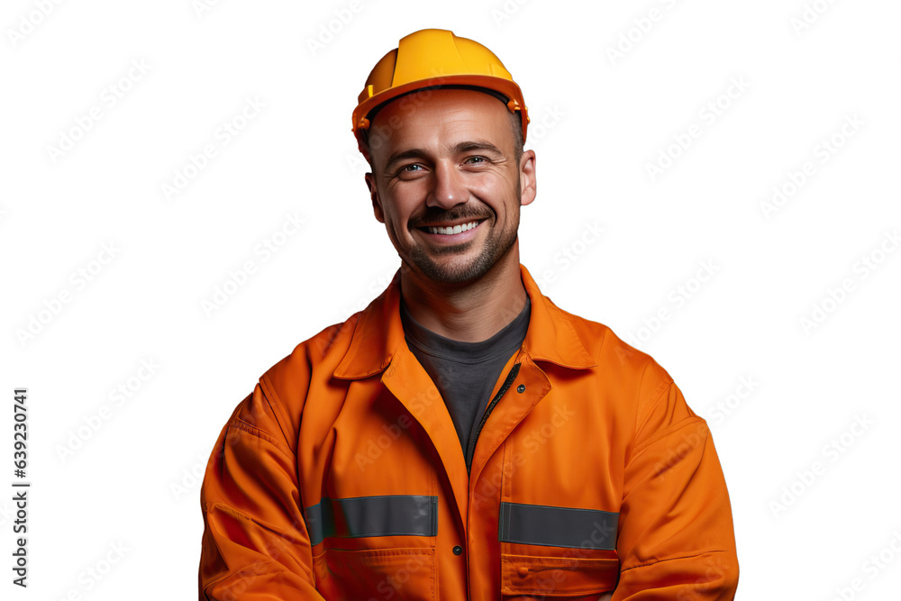 Smiling Laborer in Work Uniform with Hard Hat Symbolizing a Strong