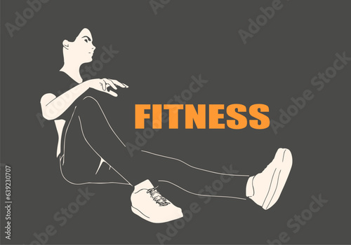 Sitting woman silhouette. Sport girl illustration. Casual sportwear - t-shirt, breeches and sneakers. Young woman wearing workout clothes. Sport fashion girl in urban casual style.
