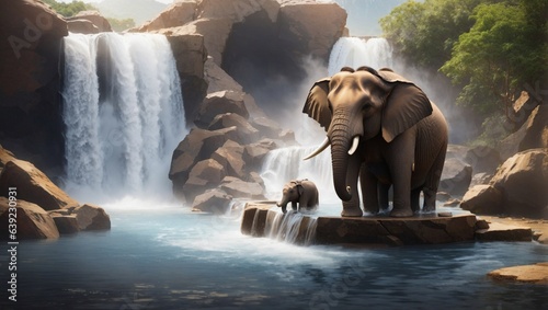 Elephant batting in a water fall