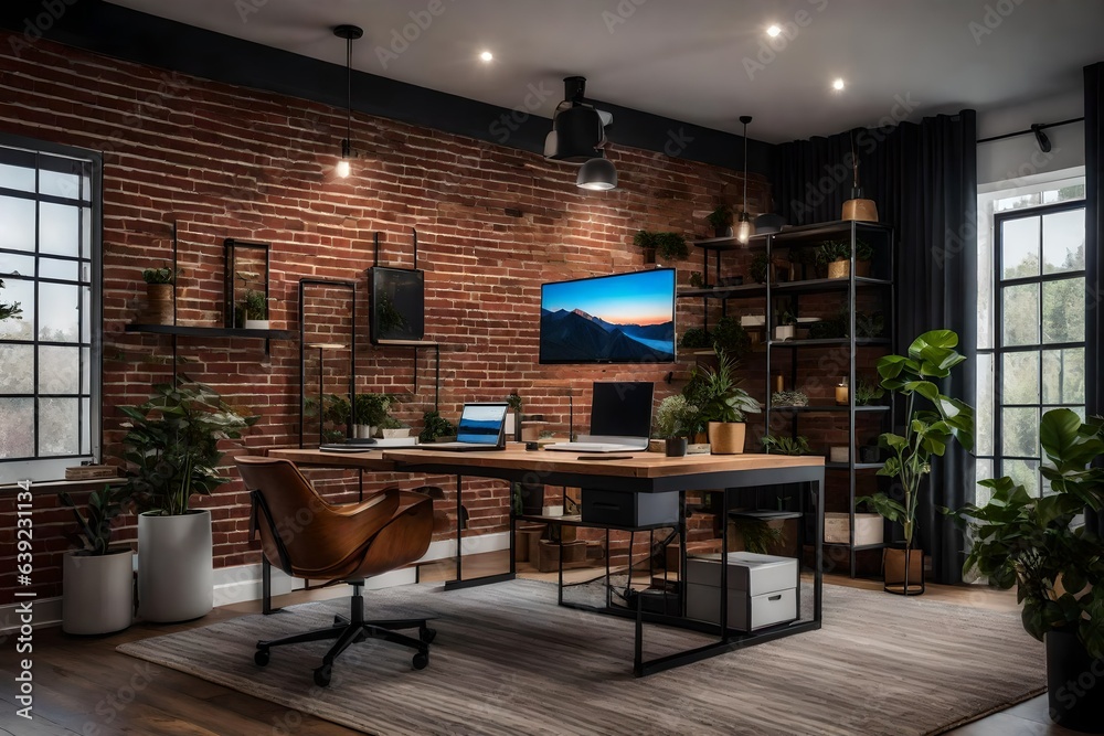 a home office with a brick accent wall