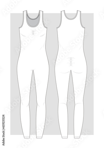 Jersey sport jumpsuit with long leggins technical sketch. Vector illustration. 