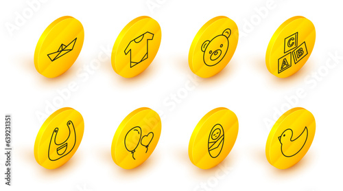 Set line Rubber duck, Newborn baby infant swaddled, Balloons form of heart, Baby bib, ABC blocks, Teddy bear plush toy, onesie and Folded paper boat icon. Vector