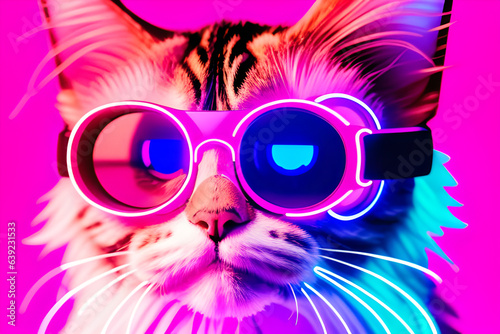 petfluencer character maincoon cat in VR goggles illuminated with pink light against neon blue background © indofootage