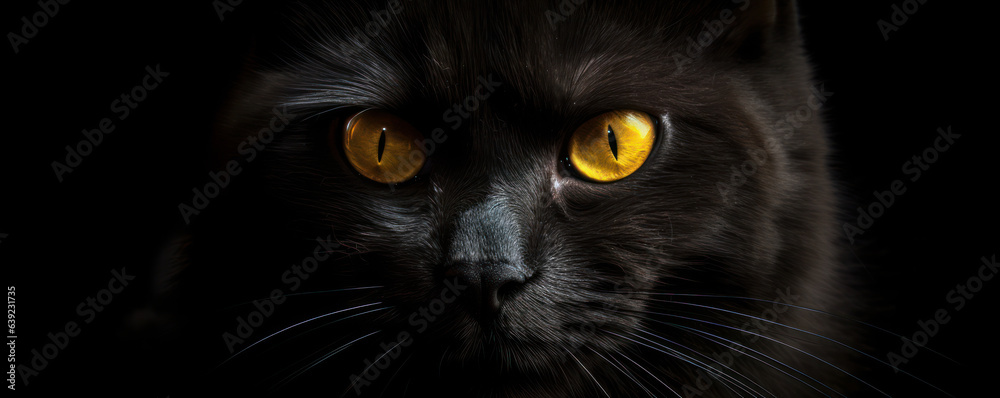 A close-up portrait of a mesmerizing black cat with yellow eyes, creating an air of mystery and suspense. Is AI Generative.