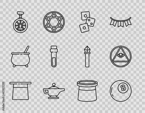 Set line Magician hat, ball of predictions, Game dice, lamp or Aladdin, Unicycle one wheel bicycle, Bottle with love potion, and Masons icon. Vector