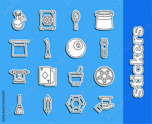 Set line Magician hat in hand, Pentagram circle, Bottle with love potion, mirror, Witches broom, and ball of predictions icon. Vector