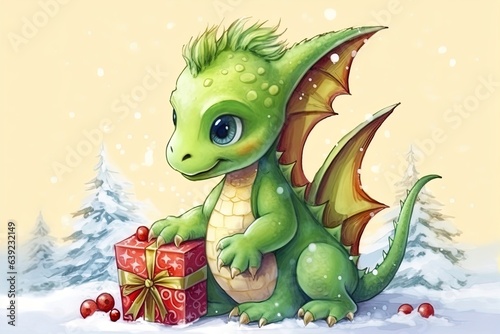 Fantasy cute dragon with christmas hat, новогодняя открытка, New Year 2024. Generative AI © Irina