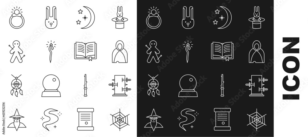 Set line Spider web, Trunk for magic tricks, Mantle, cloak, cape, Moon and stars, Magic staff, Voodoo doll, stone ring with gem and Ancient book icon. Vector Set line Spider web, Trunk for magic tricks, Mantle, cloak, cape, Moon and stars, Magic staff, Voodoo doll, stone ring with gem and Ancient book icon. Vector