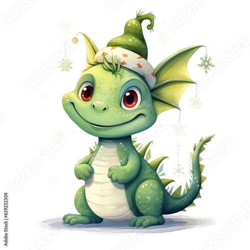 Fantasy cute dragon with christmas hat  new year s card  New Year 2024. Generative AI