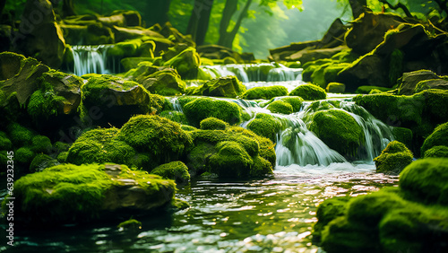 the water falls over many stones with moss growing on them
