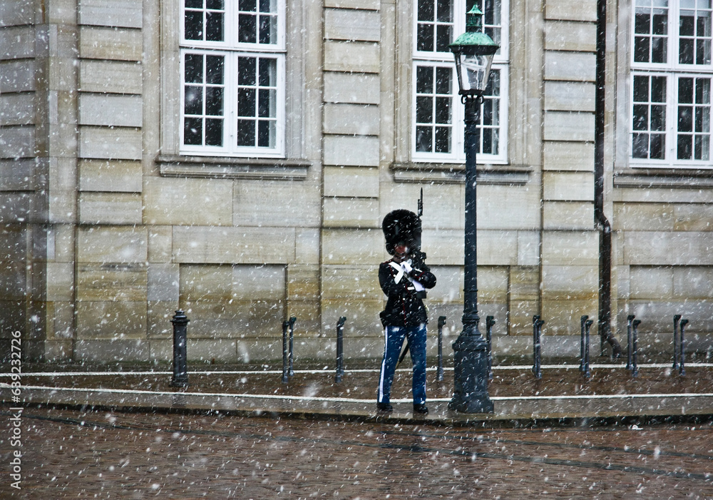 A Guard in Front of Amalienburg Castle in Winter - it is snowing