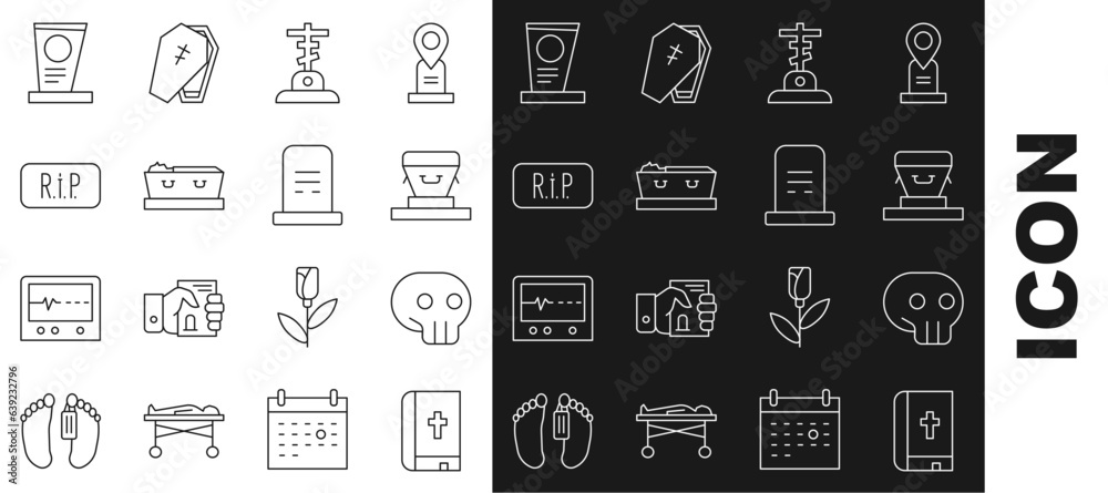 Set line Holy bible book, Skull, Coffin, Grave with cross, dead, Speech bubble rip death, tombstone and icon. Vector Set line Holy bible book, Skull, Coffin, Grave with cross, dead, Speech bubble rip death, tombstone and icon. Vector