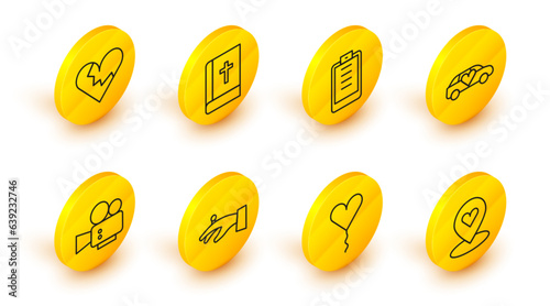 Set line Location with heart, Balloon in form of, Wedding rings hand, Cinema camera, Limousine car, Clipboard checklist, Holy bible book and Broken divorce icon. Vector